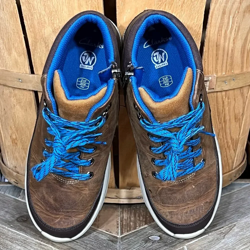 Clarks x Jack Nano Jaxton Run Brown Leather Blue Zip Up Laced Boots Boys Size 4